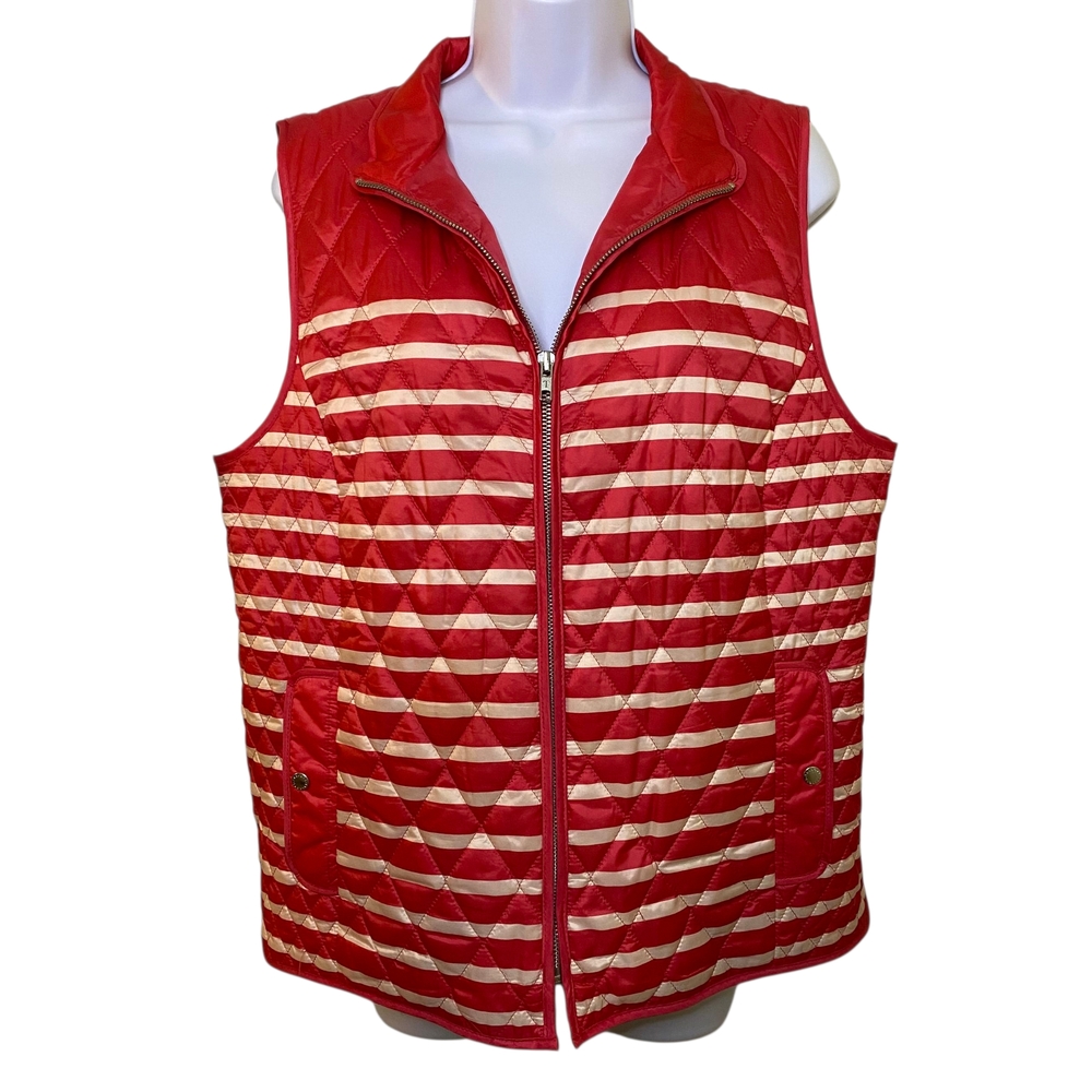 Talbots Women's Full Zip Red and Cream Striped Quilted Vest